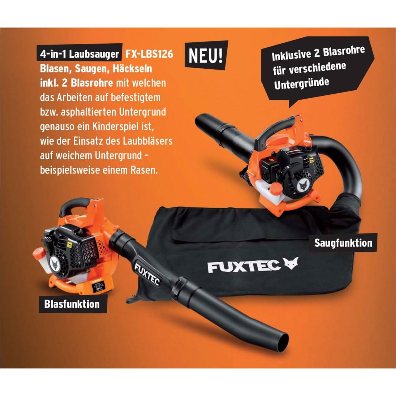 FUXTEC FX-LBS126 Odkurzacz do lisci 4 w 1 Dmuchawa do lisci Rozdrabniacz do lisci